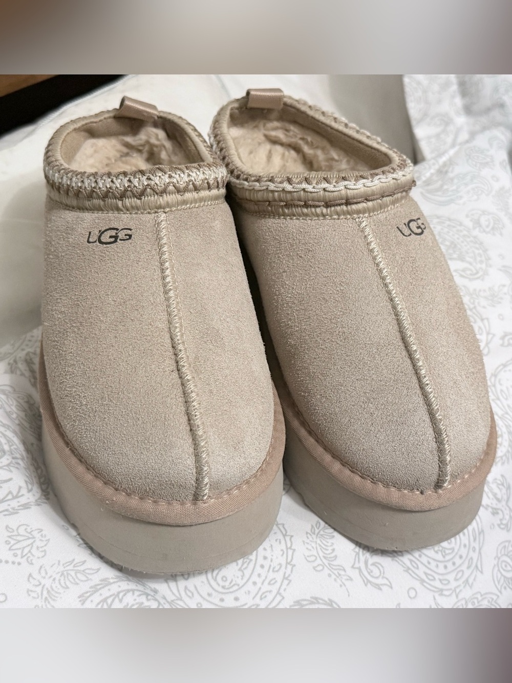 UGG Women's Slip-On Suede Shearling Mules in Light Beige
